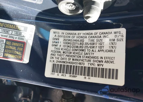 2016 Honda Cr-V Se from USA, damaged, VIN 2HKRM3H40GH514870